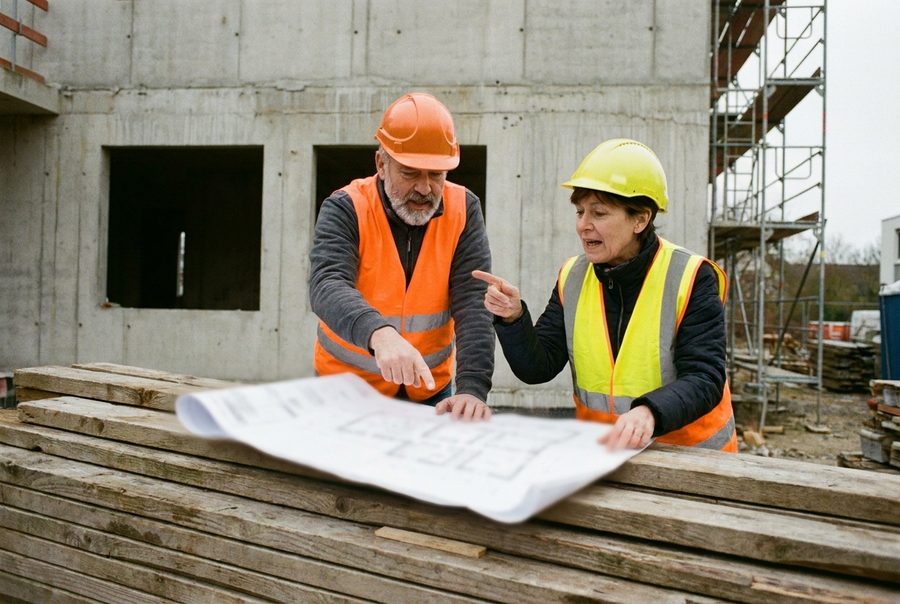Zwei Bauleiter prüfen Pläne auf der Baustelle