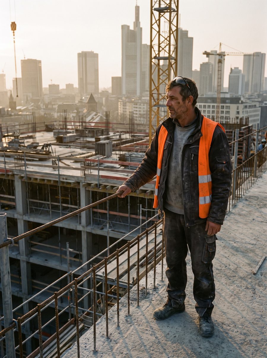 Bauleiter auf dem Rohbau eines Wohngebäudes in Frankfurt