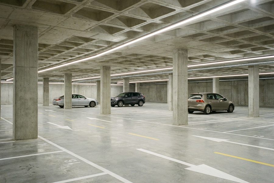 Fertiggestellte Tiefgarage mit vier Ebenen, Frankfurt-Bockenheim